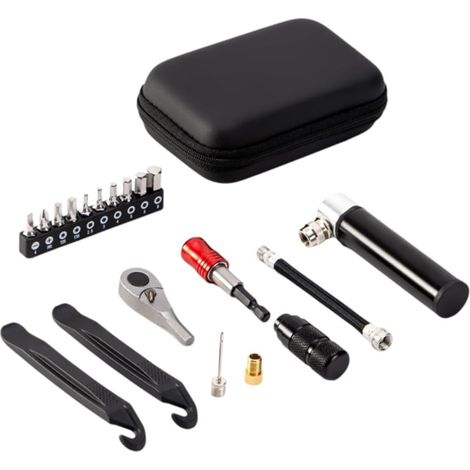 Kit D'Outils de Réparation de Vélo, Kit D'Outils Multifonctions pour Vélo avec Mini-Pompe, Cliquet Réversible, pour Camping et Voyage. (1/5)