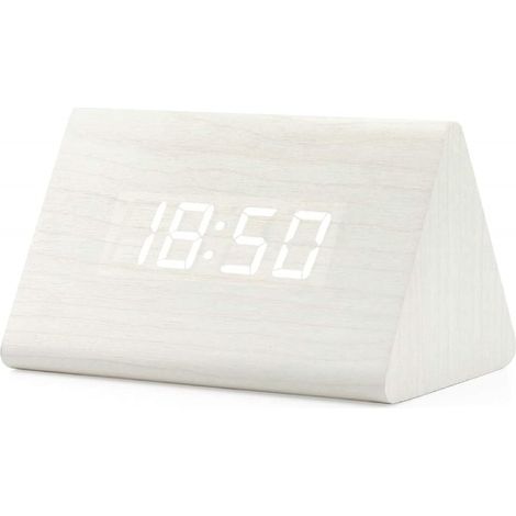 Réveil numérique, réveil en bois, horloge de bureau numérique triangulaire moderne en bois, affiche l'heure, la date, la température et le calendrier. (1/5)