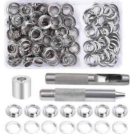 Kit d'œillets, 100 œillets de 10 mm, kit de réparation pour bâche, comprenant 3 outils pour la pose d'œillets sur bâches, tissus et rideaux. (1/5)
