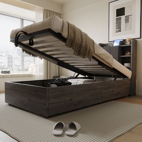 Cama juvenil hidráulica con almacenamiento y USB gris OKMYHOME (1/5)