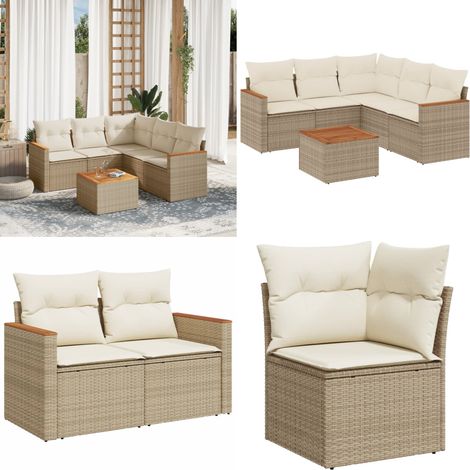 Salon de jardin avec coussins 6 pcs beige résine tressée - Ensemble Salon De Jardin - Mobilier De Jardin - Canapé Extérieur - Chaise Extérieure - Table Basse Jardin - Home & Living (1/5)