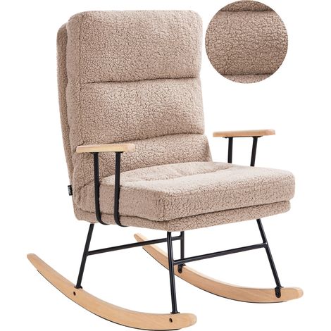 Mecedora de bouclé tapicería de borreguito respaldo reclinable patas de metal y madera de caucho respaldo sala de estar beige Eskelin
