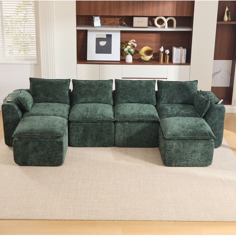 Modulares Sofa 4-Sitzer mit 2 Hockern, Kissen, Getränkehalter und 2 Seitentaschen, in Chenille dunkelgrün (1/5)