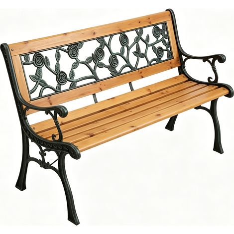 Banco de Jardín de Madera y Metal con Respaldo Floral Decorativo