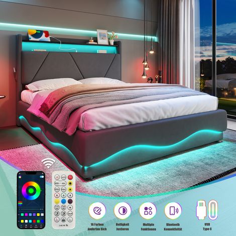 Lit rembourré moderne – tête de lit avec LED et espaces de rangement, grand espace de rangement en dessous, sommier à lattes à vérin à gaz silencieux, ports USB certifiés, poches latérales pratiques,  (1/5)