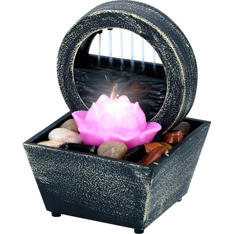 Tischbrunnen mit Lotusblüte – 1 Stück – Kunstharz und Kieselsteine – Integrierte LED-Beleuchtung – Für Wohn- und Schlafzimmer – 11,5 x 17 cm – Grau