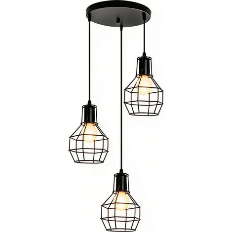 Vintage Pendant Light, Metal Iron Shade, 3-Lights, Adjustable Cable, Black, E27 Bulbs, Industrial Style (1/5)