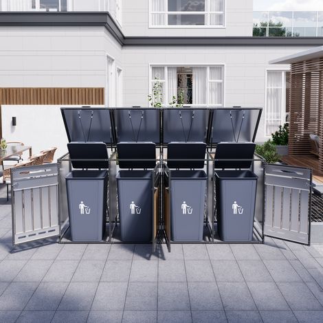Ensemble 4 bacs à poubelle couvercle, en bois et fer, avec couvercle, pour maison et usage quotidien, meuble rangement fer équipé serrure