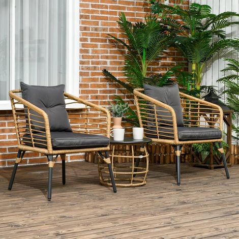 Salon de jardin 3p en résine tressée, table basse et 2 fauteuiles, coussins épais confortables beigegris foncé (1/5)