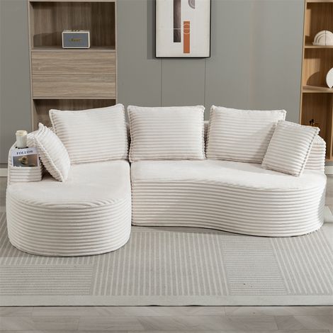 Canapé d'Angle Courbe en Velours Côtelé 250x152x82cm - 3 Places avec Porte-Gobelets & Poches - Design Moderne Chic - Beige (1/5)