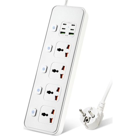 Multiprise Universelle 4 Prises avec USB et Commutateurs Individuel, Power Strip, Câble d'Extension 2 m Compatible Fiches UE, US, UK, AU, CN, JP, Idéal Voyage, Bureau (Blanche) (1/5)