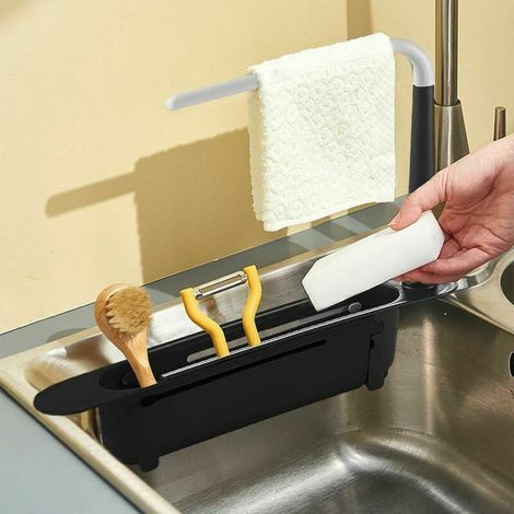 Kitchen Sink Sponge Holder, Sink Organizer, Telescopic Sponge Holder for Sink Storage, Suitable for 32-45cm Sink (Black) (1/5)