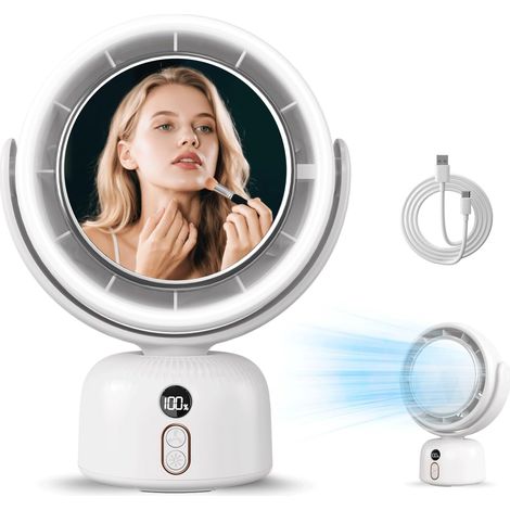 MERTTURM Ventilador de espejo con luz, USB 6000 mAh, portátil, para maquillaje, de escritorio, silencioso, compacto, con espejo giratorio automático, 5 velocidades, 3 niveles de luz, para camping, via (1/5)