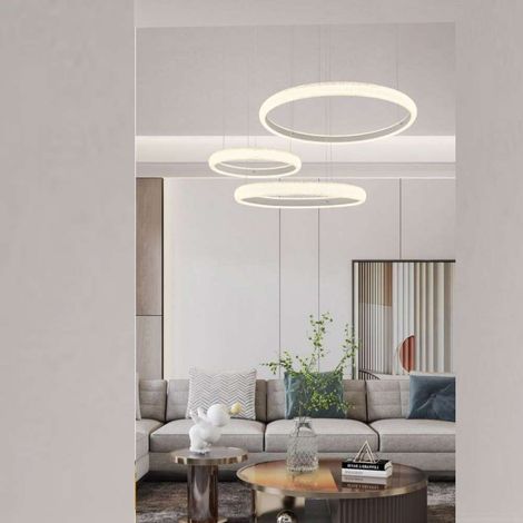 Lampadario Led 60 watt lampada a sospensione bianca 3 anelli con cristalli in acrilico luce fredda 6500k (1/3)