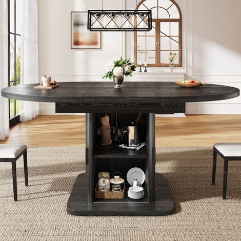 Table à manger extensible 110–149,8 cm avec rangement, portes coulissantes, étagère amovible, noyer et noir (1/5)