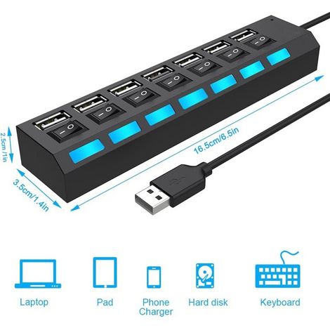 Hub USB 7 Ports 2.0 avec Interrupteur Indépendant, 5 Gbps, Câble de Prolongation Universel pour PC et Ordinateur Portable (1/5)