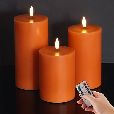 Bougies pilier sans flamme orange brûlé avec télécommande, bougies en cire LED vacillantes, fonctionnant à pile, lot de 3 (1/5)