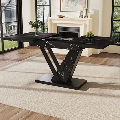 Mesa de comedor extensible 120-160x75x75.5 cm negra en MDF y metal con tablero marmolado y patas regulables (1/5)