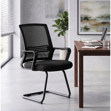 2 ergonomische Bürostühle ohne Rollen, schwarz, mit Freischwinger-Gestell OKMYHOME (1/5)