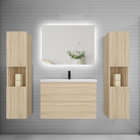 Ensemble meuble chêne et vasque L.80cm 2 tiroirs + colonne2 haut + lavabo + miroir 80x60cm-suspendu