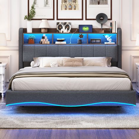 Lit suspendu design 160x200 cm en lin gris, sommier multifonction avec rangement intégré, éclairage LED, prises USB et Type-C