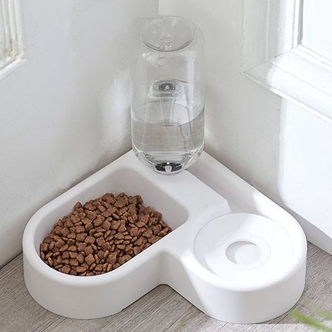 2 in 1 Distributeur de Nourriture Eau Fontaine Automatique pour Animaux, Anti Débordôment Abreuvoir et Alimentateur Croquettes Gamelle pour Chat/Chien, Bol Animaux Abreuvoir Pet Bowl(Blanc) (1/5)
