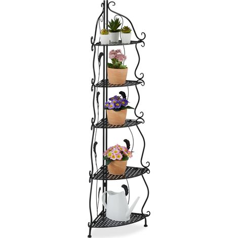 Relaxdays Corner Shelf, Metal, 5 Compartments, Flower, Plant Stand, Foldable, HxWxD: 136 x 30 x 30 cm, Vintage, Black (1/5)