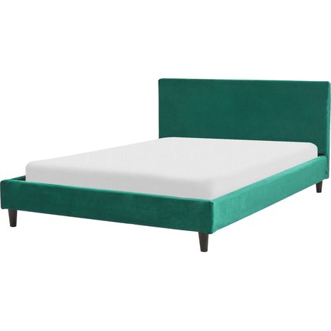 Cama tapizada en terciopelo verde oscuro 140 x 200 cm marco de listones cabecero estilo moderno Fitou