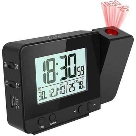 Digitaler Projektionswecker fürs Schlafzimmer, großer Deckenprojektionswecker mit USB-Anschluss, Notstromakku, 180°-Projektor und LED-Anzeige