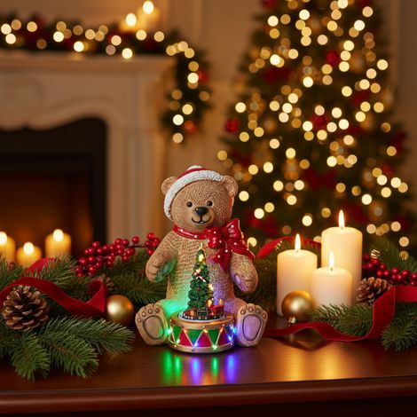 Statuetta orso natalizio in resina con trenino animato e luci LED, decorazione da h 25 cm (1/4)