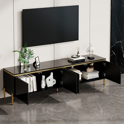 Meuble TV avec 4 Portes et Passe-câbles, Finition Brillante Partielle, Pieds Métal, Style Minimaliste, 170×38×50 cm, Noir (1/5)