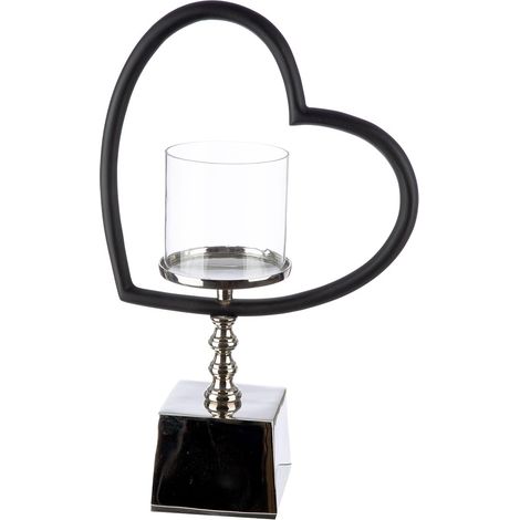 Photophore en Forme de cœur en Aluminium et Verre nickelé Brillant Noir/argenté Hauteur 40 cm Largeur 27 cm (1/3)