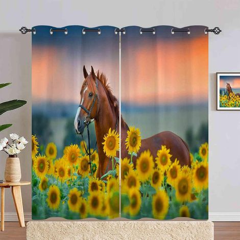 Rideau Occultant Cheval Jaune Tournesol Rideau Thermique Isolant Draperies Intérieurs Tenture Opaque à Oeillets pour Maison Chambre Salon Fenetre 2 Pièces L 140 x H 240 cm - 140L X 240H cm (2 Panneaux (1/5)