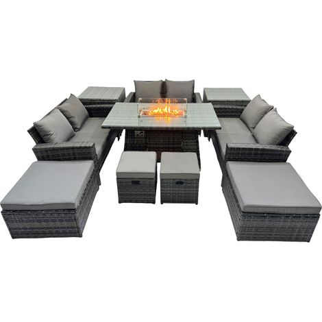 Fimous Outdoor Love Sofa Set 10 Seat Rattan Garden Furniture Set with Gas Firpit Dining Table 4 Footstools 2 Side Table Dark Grey Mixed (1/5)