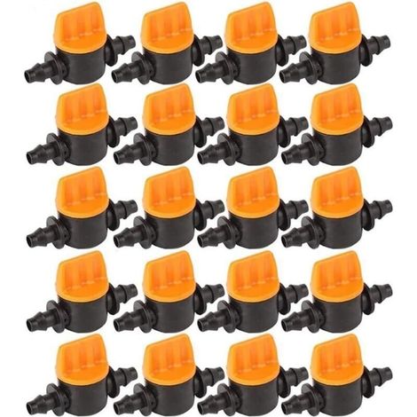 20 Pièces Vanne de tubes d'irrigation, soupape d'irrigation goutte à goutte 1/4 de pouce barbelé vanne d'arrêt de tube d'irrigation (1/5)
