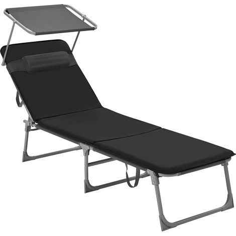 Chaise Longue, Bain de Soleil, Transat de Relaxation, avec Matelas 3 cm, Coussin, Dossier et Parasol Inclinables, Ppliable, 53 x 193 x 29,5 cm, Charge 150 kg, pour Jardin, Noir GCB193B01
