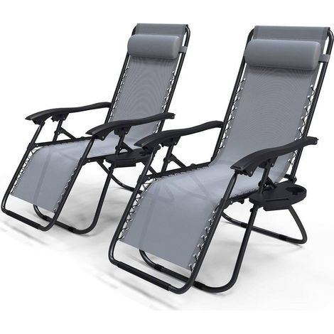 Vounot – Lot de 2 transats inclinables en textilène – Inclinaison réglable 90-127° – Support de gobelet amovible – Dimensions 91x64x108 cm