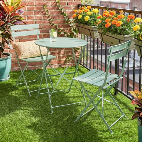 Faltbares Garten-Set mit 2 Klappstühlen, rundem Tisch, elektrophoretischem Metallgestell für Balkon, Grün
