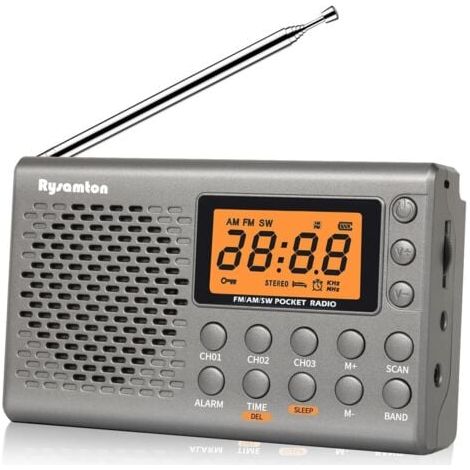 (Gris)Radio portable AM/FM/ondes courtes, radios de poche à piles, grand écran numérique, radio-réveil avec alarme et fonction veille, écouteurs inclus (1/5)
