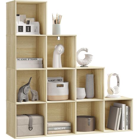 Étagère à Livres, Étagère d'Escalier avec 10 Cubes en Bois d'Ingénierie, Chêne Clair, pour Salon, Bureau, Chambre à Coucher, 120x30x120cm (1/5)