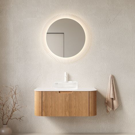 Gain de Place Salle de Bain : Meuble Vasque Suspendu 91 cm Finition Bois avec Tiroir Soft-Close et Vasque Ronde (1/5)