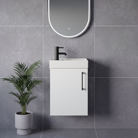 Napoli Cube Gloss White 400mm Wall Mounted Single Door Vanity Unit with Align Basin - 400mm - Matt Black 160mm Handle