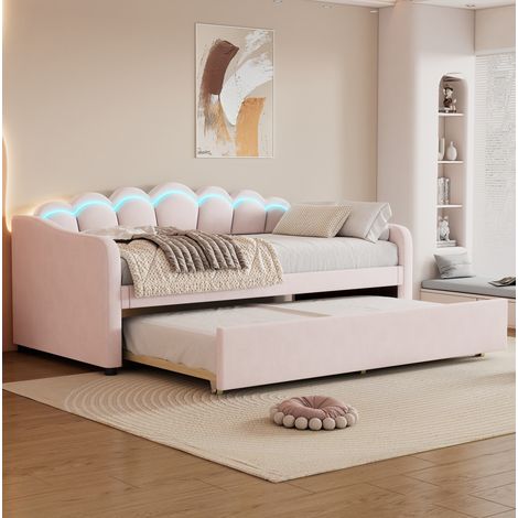 Lit banquette en velours rose 90x200 cm avec lit gigogne, LED intégrée et sommier à lattes (1/5)