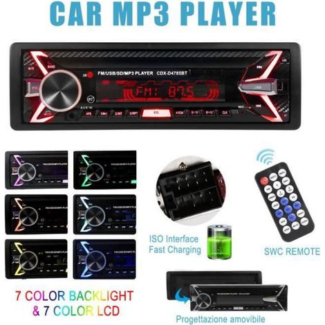 Autoradio Bluetooth, 7 Couleurs Stereo FM Radio 4x60W Poste Radio Voiture Soutien Bluetooth/USB/SD/AUX/EQ / MP3 / TF + Télécommande (1/4)