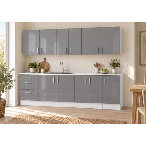 Küchenzeile 220 cm, 7 Schränke, Grau Hochglanz, ohne Arbeitsplatte (1/5)