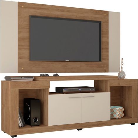 Beaux Meubles Pas Chers – Meuble TV mural 55 pouces imitation chêne et blanc écru – 7 niches – Longueur 173 cm – Hauteur 160.5 cm – Profondeur 38.5 cm (1/5)