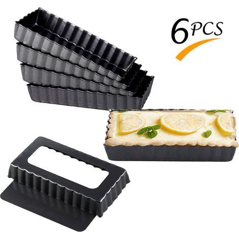 Set aus 6 rechteckigen, antihaftbeschichteten Tarteformen mit herausnehmbarem Boden, für geriffelte Tartes, Obstkuchen und andere Backwaren. (1/5)