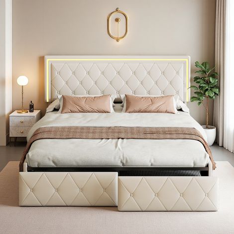 Lit 160x200 cm - tissu en PU - LED - 4 tiroirs - sommier - lit adulte 160x200 cm - beige (1/5)
