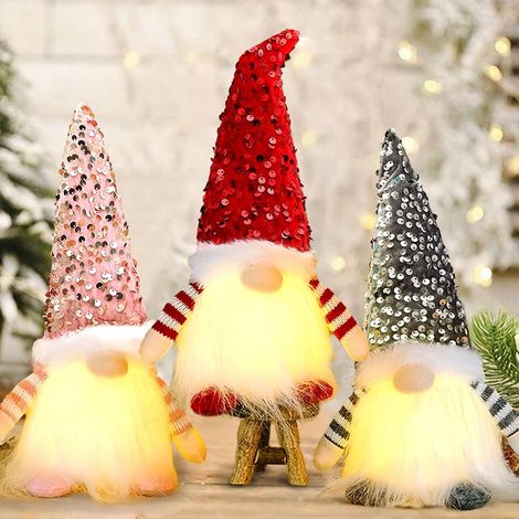3 lutins Noël peluche 30 cm LED sans visage, décoration lumineuse Thanksgiving/Noël (1/4)
