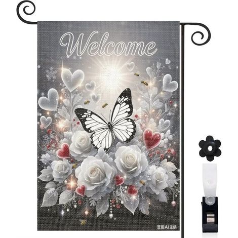 Drapeau de jardin bienvenue 30 x 45 cm motif floral et papillon design naturel toile double face pour décoration extérieure (1/5)